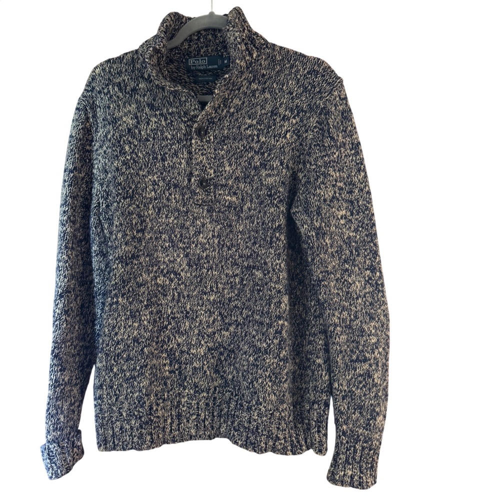 Polo Ralph Lauren Mens Marled Cotton Chunky Knit Button Mock Sweater M